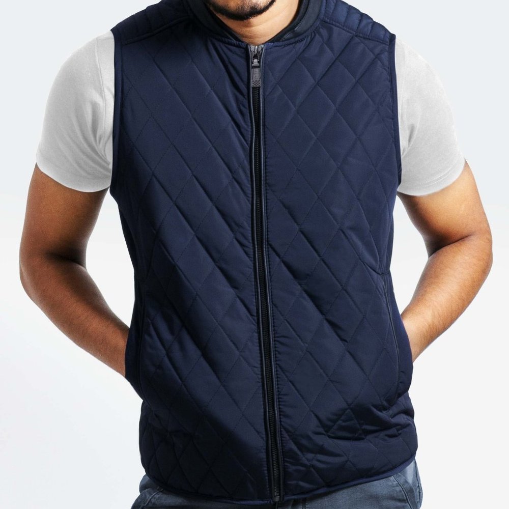OLGYN Men Quilted Navy Blue Faux Leather Trim Vest